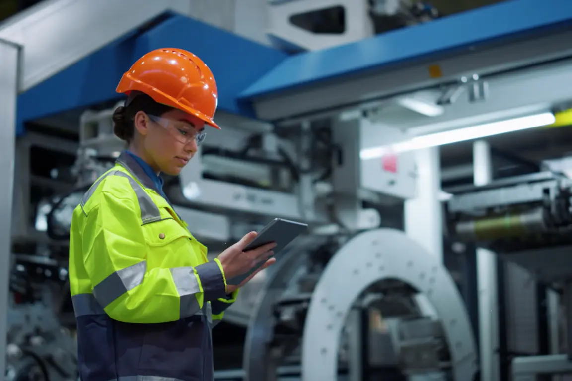 female factory worker looks at tablet