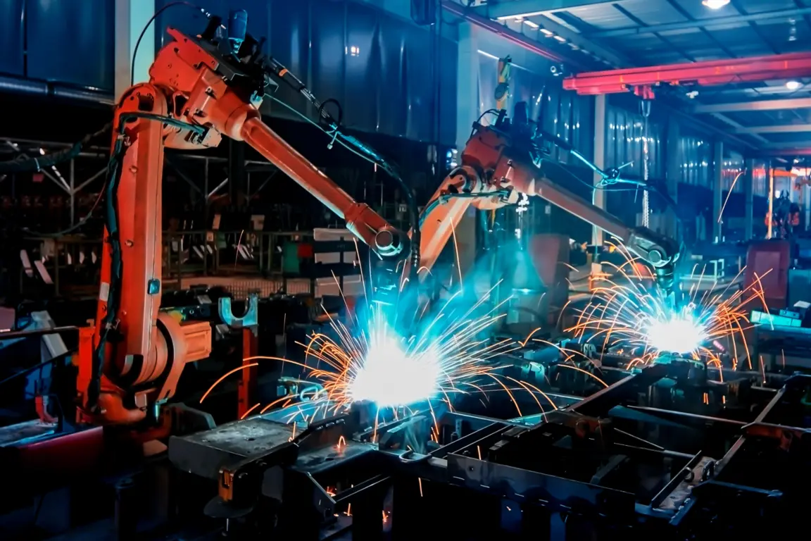 red mechanical arm in factory production line